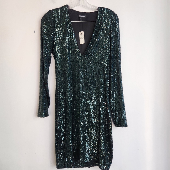 Express Emerald Green Sequins Knee Length V Neck Dress size Small - Picture 2 of 9